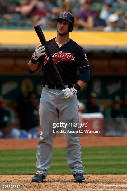 Yan Gomes of the Cleveland Indians at bat against the Oakland Athletics during the fourth inning at the Oakland Coliseum on July 1, 2018 in Oakland,...
