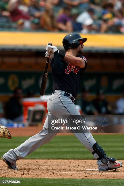 Lonnie Chisenhall of the Cleveland Indians at bat against the Oakland Athletics during the fourth inning at the Oakland Coliseum on July 1, 2018 in...