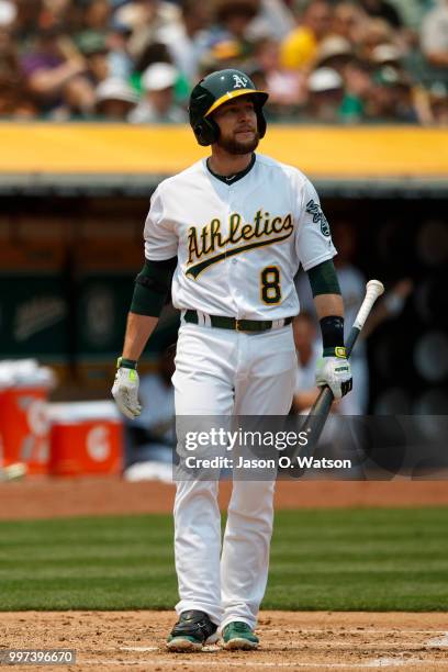 Jed Lowrie of the Oakland Athletics at bat against the Cleveland Indians during the third inning at the Oakland Coliseum on July 1, 2018 in Oakland,...