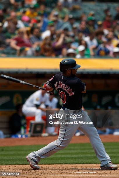 Edwin Encarnacion of the Cleveland Indians at bat against the Oakland Athletics during the third inning at the Oakland Coliseum on July 1, 2018 in...