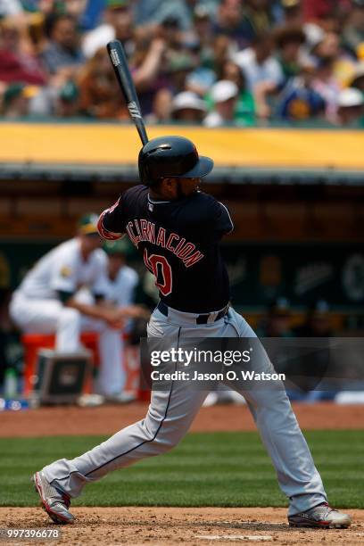 Edwin Encarnacion of the Cleveland Indians at bat against the Oakland Athletics during the third inning at the Oakland Coliseum on July 1, 2018 in...