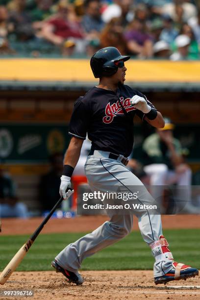 Michael Brantley of the Cleveland Indians at bat against the Oakland Athletics during the third inning at the Oakland Coliseum on July 1, 2018 in...