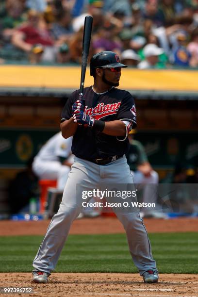 Edwin Encarnacion of the Cleveland Indians at bat against the Oakland Athletics during the third inning at the Oakland Coliseum on July 1, 2018 in...