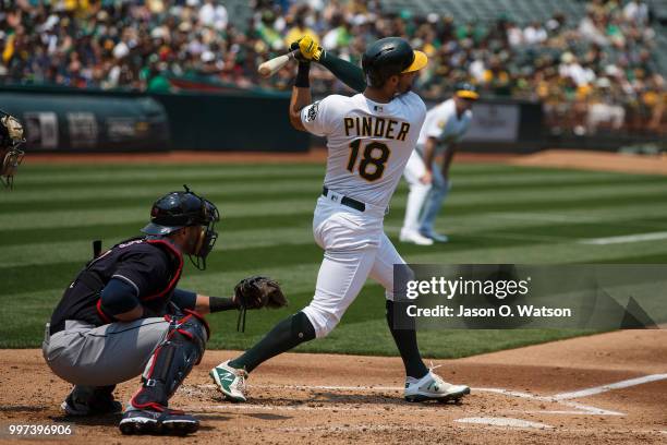 Chad Pinder of the Oakland Athletics at bat against the Cleveland Indians during the first inning at the Oakland Coliseum on July 1, 2018 in Oakland,...