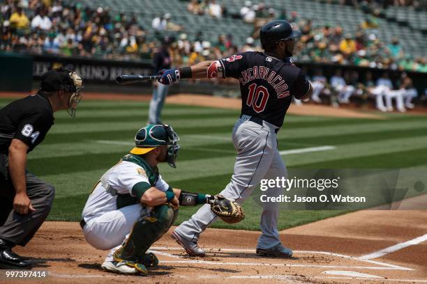 Edwin Encarnacion of the Cleveland Indians at bat against the Oakland Athletics during the first inning at the Oakland Coliseum on July 1, 2018 in...