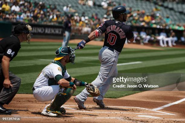 Edwin Encarnacion of the Cleveland Indians at bat against the Oakland Athletics during the first inning at the Oakland Coliseum on July 1, 2018 in...