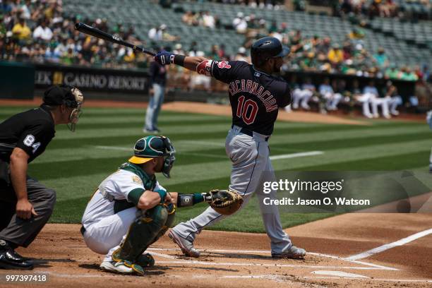 Edwin Encarnacion of the Cleveland Indians at bat against the Oakland Athletics during the first inning at the Oakland Coliseum on July 1, 2018 in...