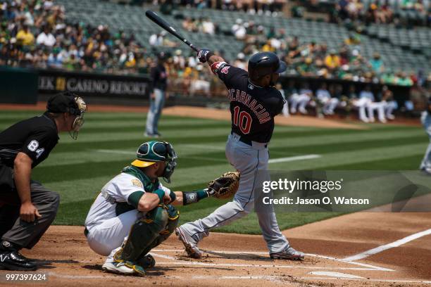 Edwin Encarnacion of the Cleveland Indians at bat against the Oakland Athletics during the first inning at the Oakland Coliseum on July 1, 2018 in...