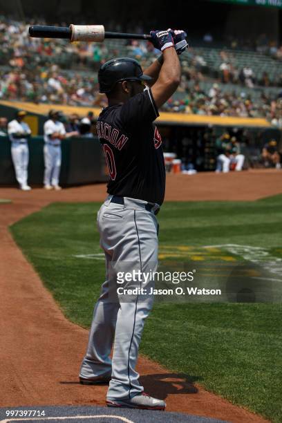 Edwin Encarnacion of the Cleveland Indians stands on deck before an at bat against the Oakland Athletics during the first inning at the Oakland...