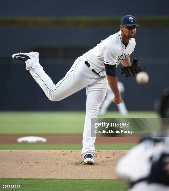 Tyson Ross of the San Diego Padres pitches during the first inning of a baseball game against the Los Angeles Dodgers at PETCO Park on July 12, 2018...