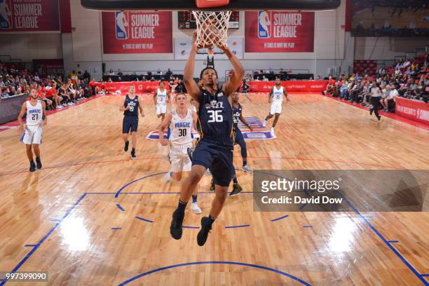 Malcolm Hill of Utah Jazz handles the ball against the Orlando Magic during the 2018 Las Vegas Summer League on July 12, 2018 at the Cox Pavilion in...