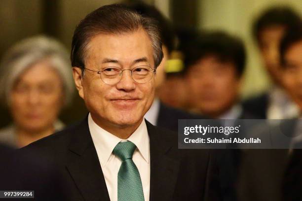 South Korean President, Moon Jae-in arrives to deliver the Singapore Lecture titled "Republic of Korea and ASEAN: Partners for Achieving Peace and...