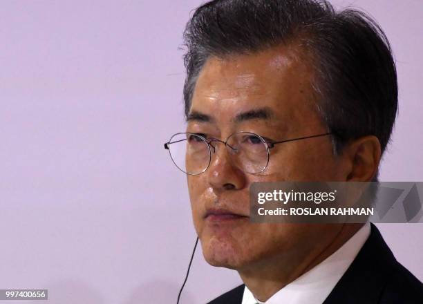 South Korean President Moon Jae-in delivers his adresses at the ISEAS-Yusof Ishak Institute 42nd Singapore lecture on July 13, 2018 during a...