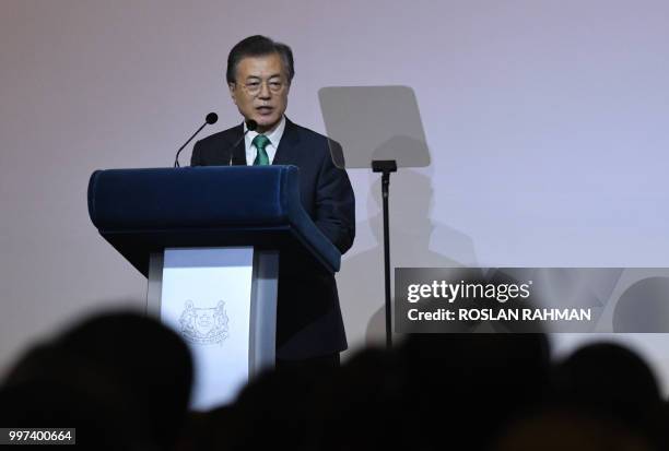 South Korean President Moon Jae-in delivers his adresses at the ISEAS-Yusof Ishak Institute 42nd Singapore lecture on July 13, 2018 during a...