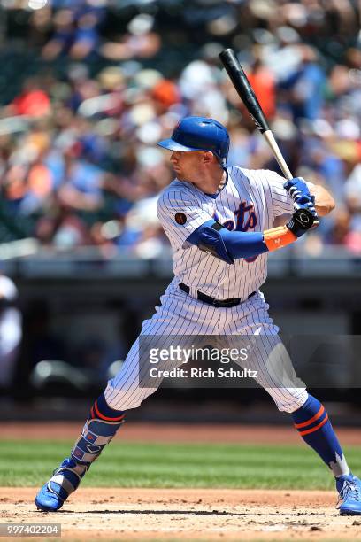 Brandon Nimmo of the New York Mets in action against the Tampa Bay Rays during a game at Citi Field on July 8, 2018 in the Flushing neighborhood of...
