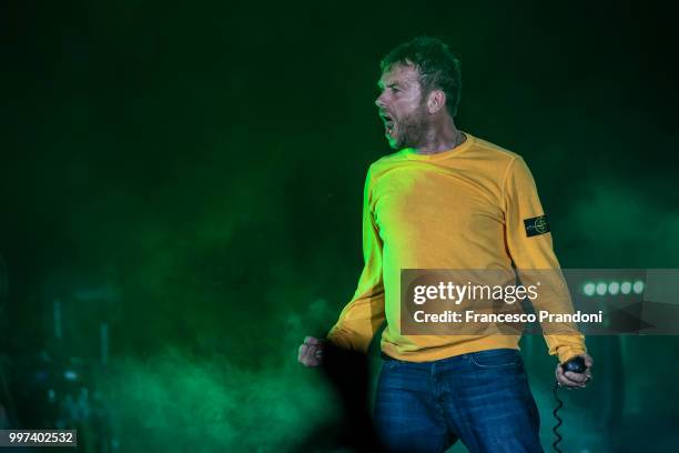 Damon Albarn of Gorillaz performs on stage during Lucca Summer Festival at Piazza Napoleone on July 12, 2018 in Lucca, Italy.