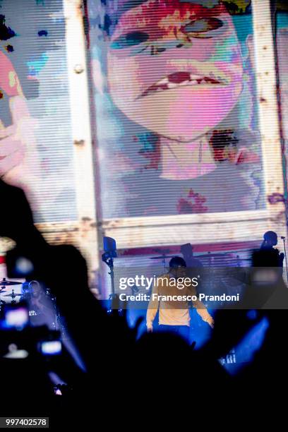 Damon Albarn of Gorillaz performs on stage during Lucca Summer Festival at Piazza Napoleone on July 12, 2018 in Lucca, Italy.