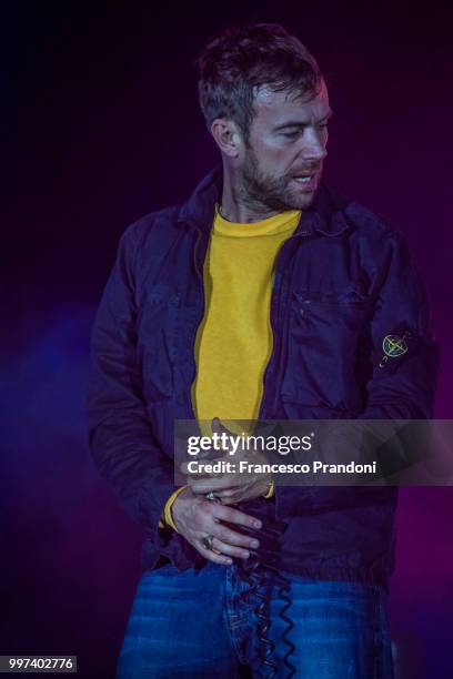 Damon Albarn of Gorillaz performs on stage during Lucca Summer Festival at Piazza Napoleone on July 12, 2018 in Lucca, Italy.