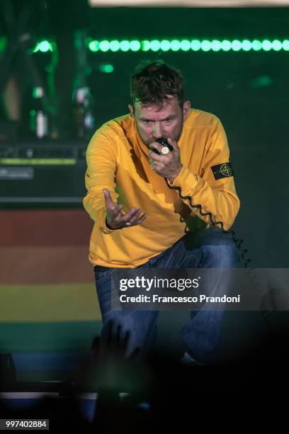 Damon Albarn of Gorillaz performs on stage during Lucca Summer Festival at Piazza Napoleone on July 12, 2018 in Lucca, Italy.