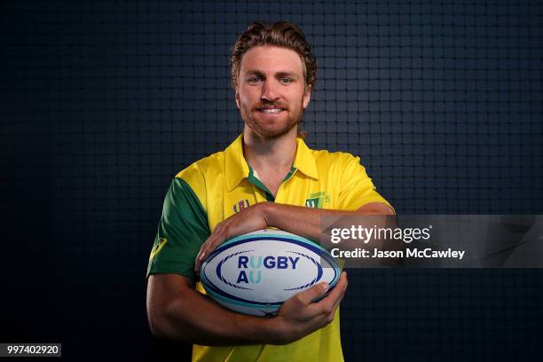 Lewis Holland of Australia poses during the Farewell for Australian Rugby World Cup Sevens squads at Rugby Australia HQ on July 13, 2018 in Sydney,...