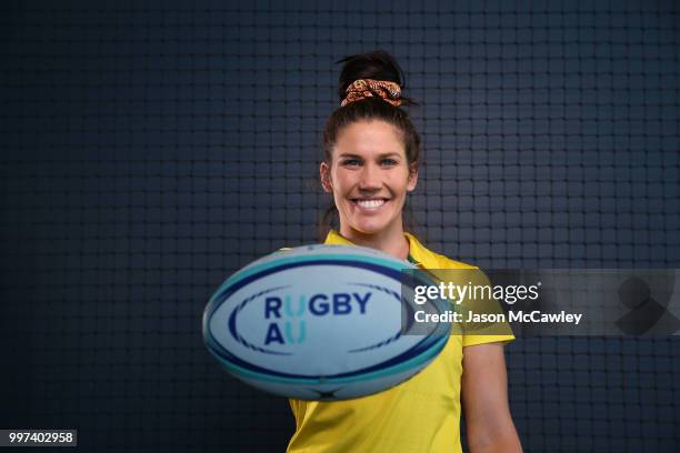 Charlotte Caslick of Australia poses during the Farewell for Australian Rugby World Cup Sevens squads at Rugby Australia HQ on July 13, 2018 in...