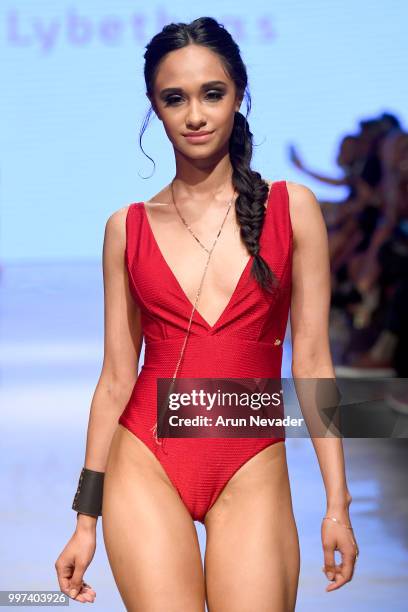 Model walks the runway for Lybethras at Miami Swim Week powered by Art Hearts Fashion Swim/Resort 2018/19 at Faena Forum on July 12, 2018 in Miami...