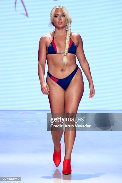 Model walks the runway for Lybethras at Miami Swim Week powered by Art Hearts Fashion Swim/Resort 2018/19 at Faena Forum on July 12, 2018 in Miami...