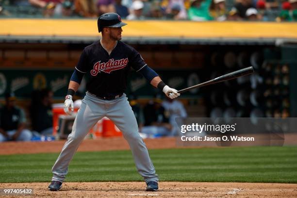 Yan Gomes of the Cleveland Indians at bat against the Oakland Athletics during the fourth inning at the Oakland Coliseum on July 1, 2018 in Oakland,...