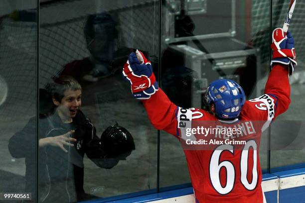 Tomas Rolinek of Czech Republic celebrates his team's second goal during the IIHF World Championship group F qualification round match between Czech...