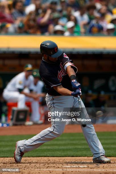 Edwin Encarnacion of the Cleveland Indians at bat against the Oakland Athletics during the third inning at the Oakland Coliseum on July 1, 2018 in...