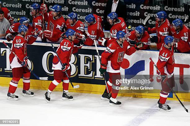 Tomas Rolinek of Czech Republic celebrates his team's second goal with team mates during the IIHF World Championship group F qualification round...