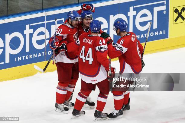 Tomas Rolinek of Czech Republic celebrates his team's second goal with team mates Petr Koukal, Miroslav Blatak and Tomas Mojzis of Czech Republic...