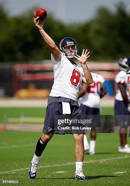 Quarterback Matt Schaub of the Houston Texans throws passes during the first day of OTA's at Reliant Park on May 17, 2010 in Houston, Texas.