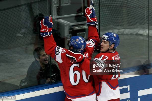 Tomas Rolinek of Czech Republic celebrates his team's second goal with team mate Petr Koukal during the IIHF World Championship group F qualification...