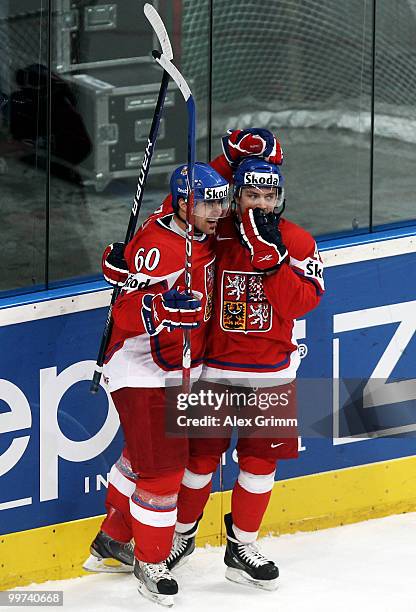 Tomas Rolinek of Czech Republic celebrates his team's second goal with team mate Petr Koukal during the IIHF World Championship group F qualification...