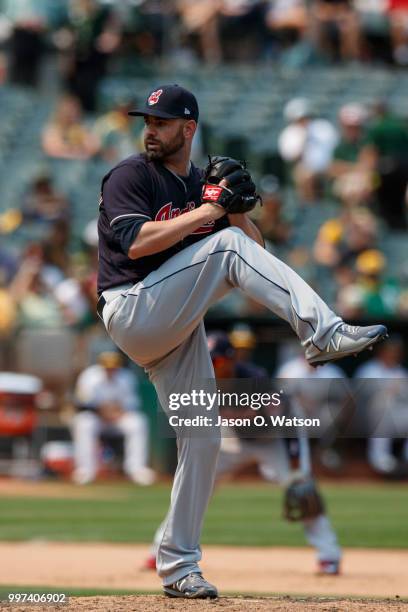 Marc Rzepczynski of the Cleveland Indians pitches against the Oakland Athletics during the seventh inning at the Oakland Coliseum on July 1, 2018 in...