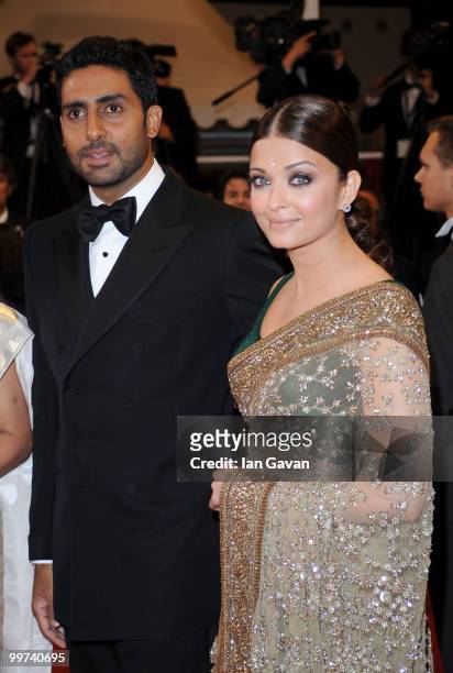 Actress Aishwarya Rai Bachchan and Abhishek Bachchan attends "Outrage" Premiere at the Palais des Festivals during the 63rd Annual Cannes Film...