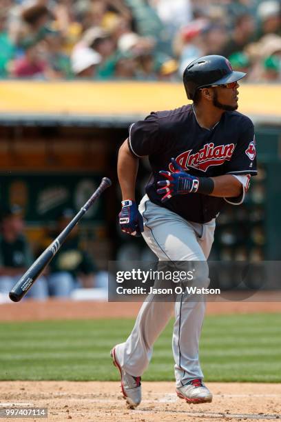 Edwin Encarnacion of the Cleveland Indians hits a home run against the Oakland Athletics during the seventh inning at the Oakland Coliseum on July 1,...