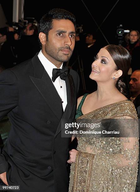 Actors Abhishek Bachchan and Aishwarya Rai Bachchan attend the premiere of 'Outrage' held at the Palais des Festivals during the 63rd Annual...