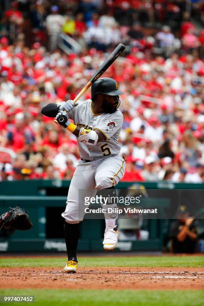 Josh Harrison of the Pittsburgh Pirates bats against the St. Louis Cardinals at Busch Stadium on June 2, 2018 in St. Louis, Missouri.