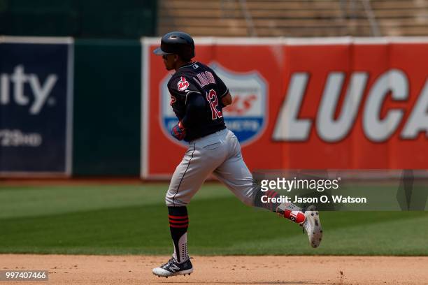 Francisco Lindor of the Cleveland Indians rounds the bases after hitting a home run against the Oakland Athletics during the seventh inning at the...