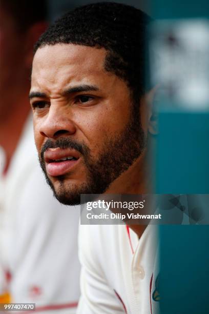 Portrait of Tommy Pham of the St. Louis Cardinals during a game against the Pittsburgh Pirates at Busch Stadium on June 2, 2018 in St. Louis,...