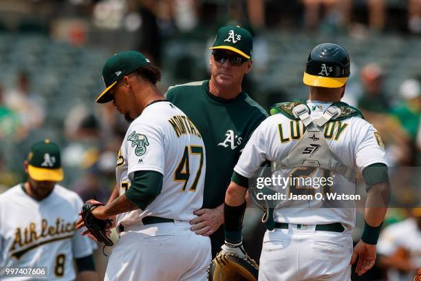 Frankie Montas of the Oakland Athletics is relieved by manager Bob Melvin during the sixth inning against the Cleveland Indians at the Oakland...