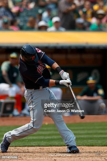 Yan Gomes of the Cleveland Indians at bat against the Oakland Athletics during the sixth inning at the Oakland Coliseum on July 1, 2018 in Oakland,...