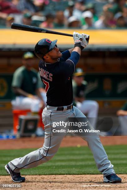 Yan Gomes of the Cleveland Indians at bat against the Oakland Athletics during the sixth inning at the Oakland Coliseum on July 1, 2018 in Oakland,...