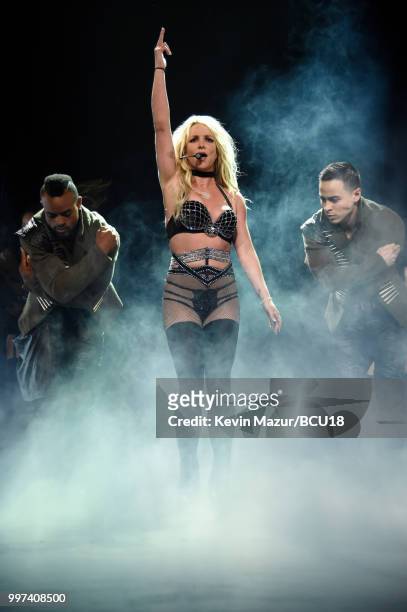 Britney Spears performs on stage during her "Piece of Me" Summer Tour Opener at The Theater at MGM National Harbor on July 12, 2018 in National...