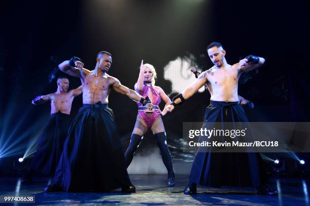 Britney Spears performs on stage during her "Piece of Me" Summer Tour Opener at The Theater at MGM National Harbor on July 12, 2018 in National...