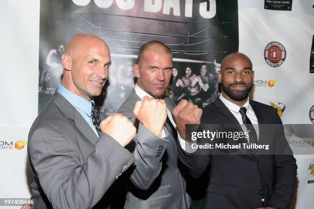 Christopher Daniels, Frankie Kazarian and Scorpio Sky attend a screening of the pro wrestling documentary "350 Days" at TCL Chinese 6 Theatres on...
