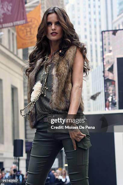 Model walks the catwalk during the Express 30th Anniversary Celebration Fashion Show outside of the New York Stock Exchange on May 14, 2010 in New...