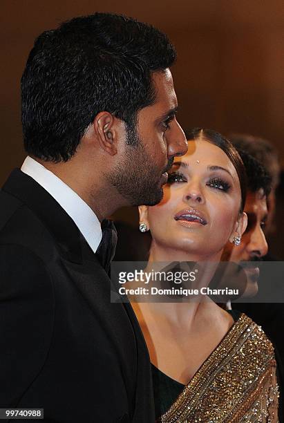 Actors Abhishek Bachchan and Aishwarya Rai Bachchan attend the premiere of 'Outrage' held at the Palais des Festivals during the 63rd Annual...